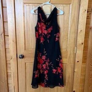 Positive Attitude Black Dress with Red Floral Design